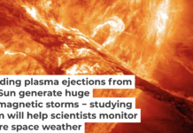 Coronal mass ejections erupt from the Sun, as shown in this illustration of one from 2012. NASA/GSFC/SDO
